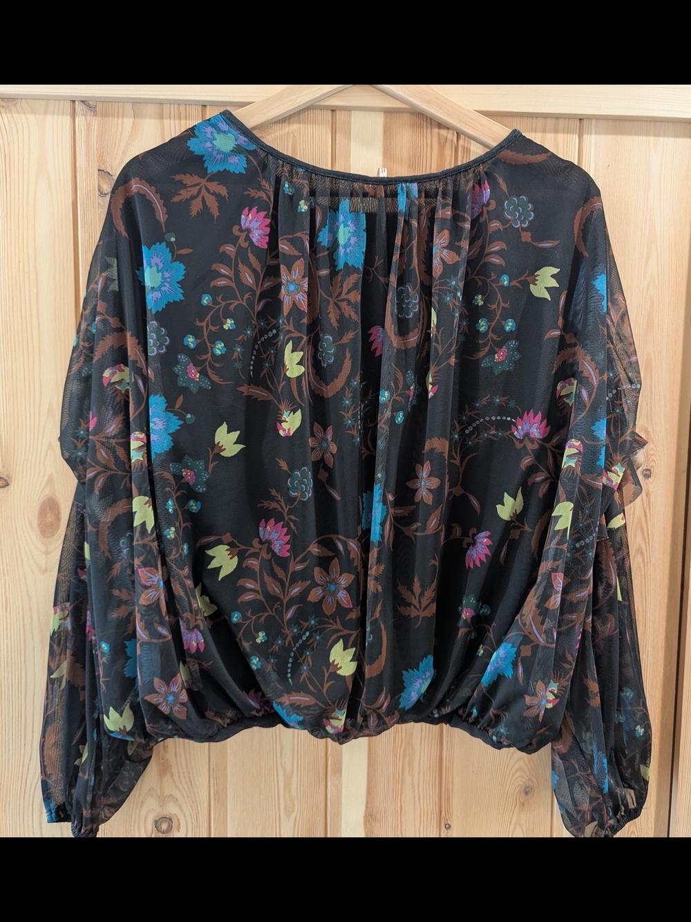 Free People Black Floral Sheer Balloon-Sleeve Blouse - Picture 5 of 8
